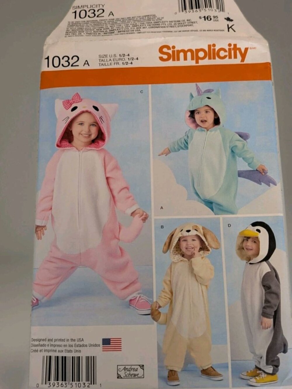 Simplicity 1032 Animal Costumes Size A 1/2, 1, 2, 3, 4